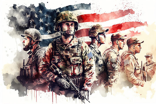 a group of soldiers standing in front of an american flag, us soldiers, military art, Memorial day , art illustration 