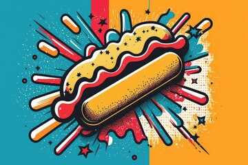 Hot dog on color background, pop art or comics style. Generative AI