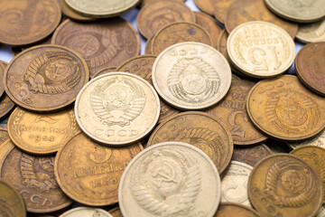 Soviet coins close up. USSR coins, top view. Old coins for numismatics. Historical heritage. Background