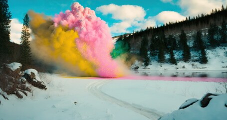 Holi Powder Color Explosion in Norwegian Nature. Generative AI.