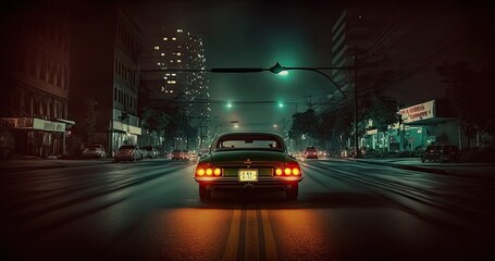 Fototapeta na wymiar Car Chase Scene on Dark Night City Street. Generative AI.