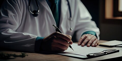 Close-up of doctor writing a prescription, medical professional wearing uniform - generative ai