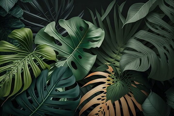 Many green tropical monstera and palm leaves background. Ai generative
