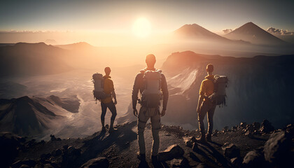 Group tourists of hiker sporty people on top of mountains at sunset with backpacks. Concept banner adventure with copy space. Generation AI