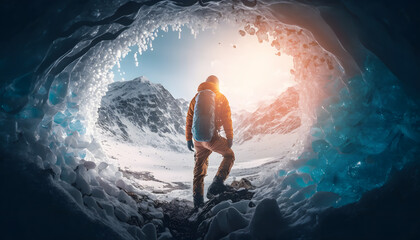 Tourist hiker in frozen cave, winter mountains at sunset with backpacks. Concept adventure with copy space banner. Generation AI