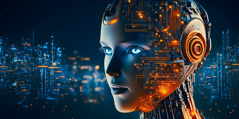 Artificial intelligence, humanoid cyber woman, blue smart background with sun light. Digital technology and innovation big data concept banner. Generation AI