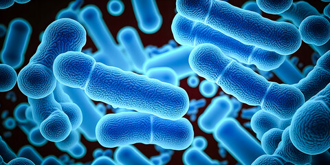 Blue color Bacterial colony Bacteria, Microbes, lactobacillus. Concept of science and medicine banner. AI generation