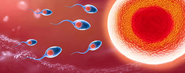 Sperm and egg cell. Concept natural fertilization banner. Generation AI - obrazy, fototapety, plakaty