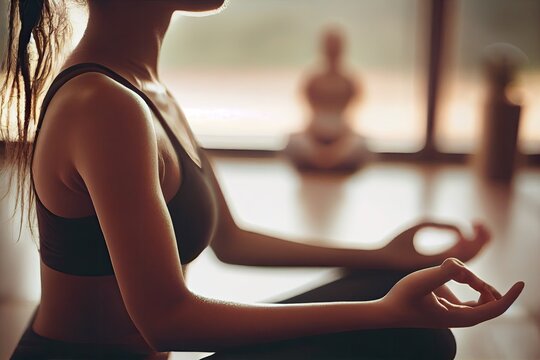Close-up of woman meditating and practicing yoga at home - generative ai