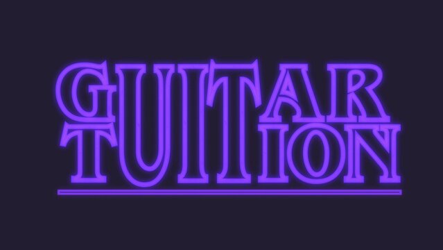 Glowing music icon. Purple guitar tuition text, gesign of LED text, violet neon abstract text background on black