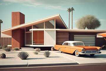 Iconic mid-century modern architecture, cozy and beautiful family house and driveway - generative ai
