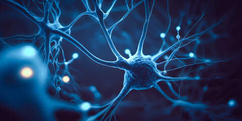 Nerve cell blue color banner, system neuron of brain with synapses. Medicine biology background. Generation AI.