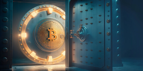 Gold Safe deposit with bitcoin logo. Concept symbol of cryptocurrency safety in internet blockchain virtual. Copy space banner. Generation AI