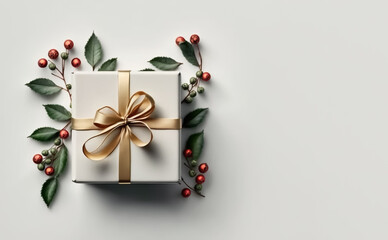 Stylish Christmas Present, box shaped, white wrapping and decorations. Isolated on white with Copy space. Illustrative Generative AI.