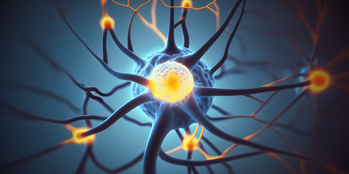 Nerve Cell Biology Background, Neuron Of Brain With Synapses, Red And Blue Light. Generation AI