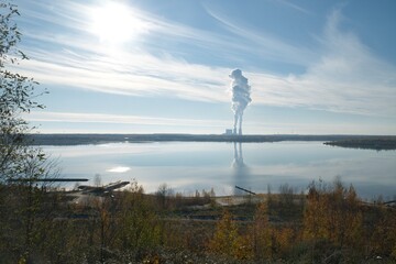 Beautiful lake with brown coal power plant 