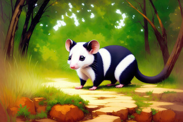 Colorful magic opossum, cartoon style painting. Generative ai art illustration