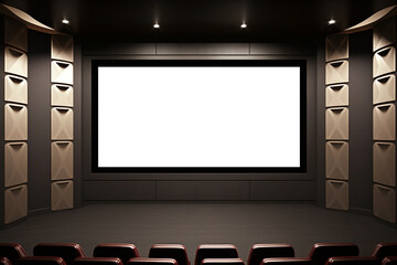 Cinema with white blank screen. Cinema hall with auditorium. Template for Design. AI generated. Mock up, Ad concept.