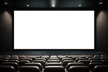 Cinema with white blank screen. Cinema hall with auditorium. Template for Design. AI generated. Mock up, Ad concept.