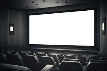 Cinema with white blank screen. Cinema hall with auditorium. Template for Design. AI generated. Mock up, Ad concept.
