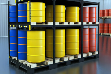 Storage of dangerous goods in logistics warehouses. Dangerous chemicals stored in barrels and cartons in high shelf systems. AI generated illustration.