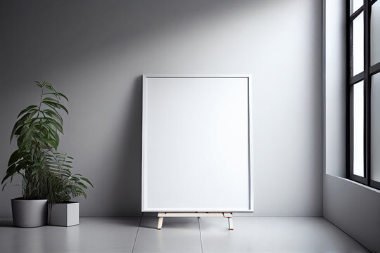 Wooden easel with blank white canvas in the artist's studio. AI generated.