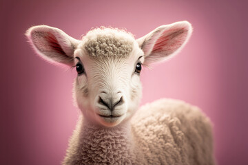 Obraz premium Portrait of a cute spring lamb. Studio shot against a bright background. Generative ai