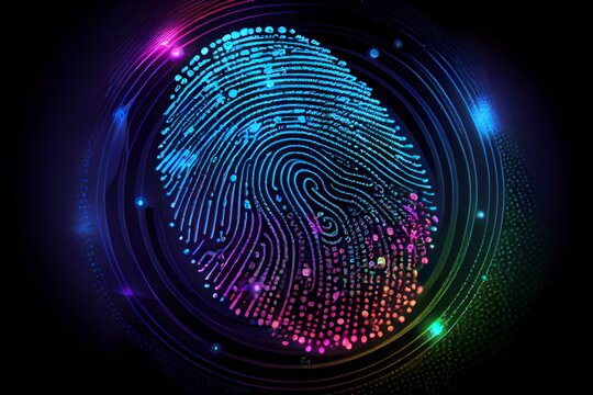 Neon-style fingerprint scanner, biometric data sensor, fingerprint icon, neon fingerprint on a black background