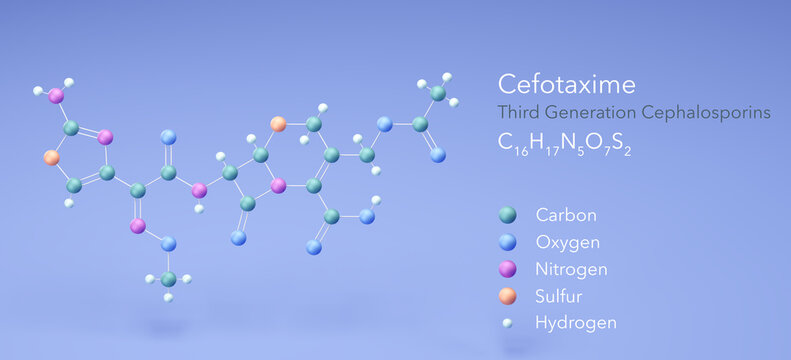 cefotaxime molecule, molecular structures, third generation cephalosporins, 3d model, Structural Chemical Formula and Atoms with Color Coding