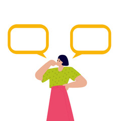 Young female standing confusedly to choose two choice. Concept of choice, selection, answer, reply, accept of refuse. Use with advertisement or business. flat style vector illustration