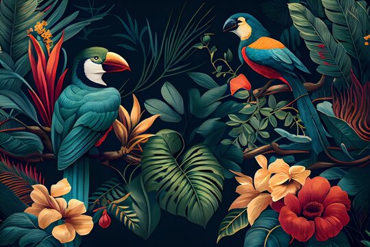 Tropical wallpaper background with plants and birds.The best computer wallpaper, incredible abstract background for the cover