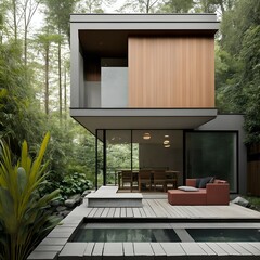 Small minimalist house made of steel and wood, in the middle of the forest, with a pool in front and relaxation spaces.