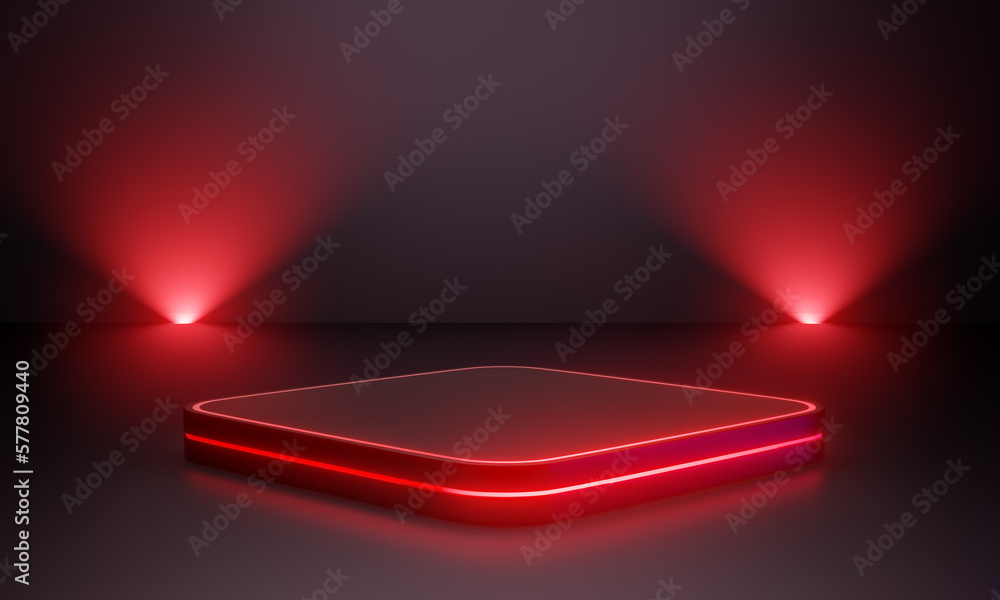 Poster red futuristic pedestal for display with red light. blank round square podium for product. 3d render