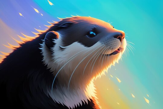 Colorful magic otter, cartoon style painting. Generative ai art illustration