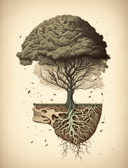 Vintage style poster of a Tree with Exposed Roots-Muted Colors-Generative Ai