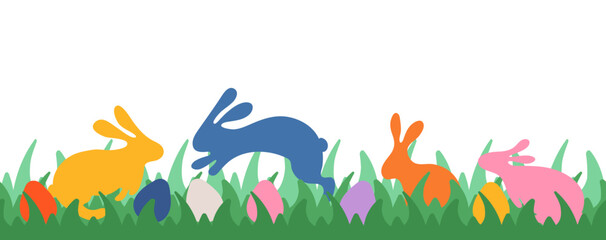 Easter eggs and bunnies in grass seamless border. Easter hunt concept with rabbit silhouettes. Simple childish green lawn. Flat style vector illustration isolated on white
