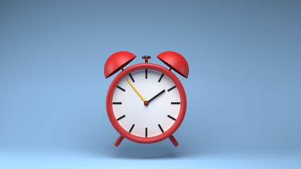 Red alarm clock. Flying alarm clock. Red alarm clock on a blue background.