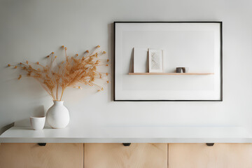 A modern interior features a wooden counter with a warm-toned black frame displaying an AI-generated illustration.