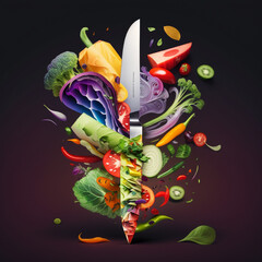 The sharp knife is cutting through colorful vegetables AI