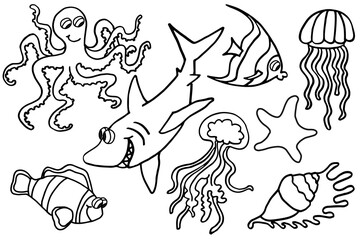 Fototapeta premium Set of isolated outline of underwater animals on a white background. Octopus, clown fish, shark, jellyfish, shell, starfish. Cartoon vector illustration for print, coloring book.