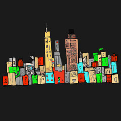 Vector drawing of a modern big night city with high multi-storey buildings