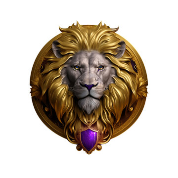 A Silver and gold metal Lion head metal emblem. 3D style Lion metal badge. Coat of arms Lion head. Lion head metal insignia. Animal badge. Lion head metal symbol. Medallion.	
