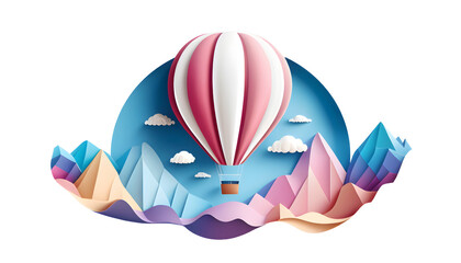 one hot air balloon in the blue sky over the mountains. paper style. copy space, white background