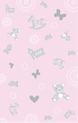 Baby Shower Background of baby toys, in rose color. For a girl, a birthday party. The joy of a newborn.