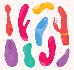Cartoon Adult Sex Toys Set for Intim Shop on a Light Background