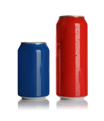 Aluminum cans with drinks on white background