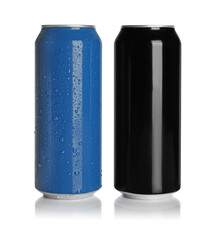 Aluminum cans with drinks on white background