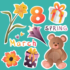 Sticker pack for March 8 with narcissus, teddy bear, number eight, gift boxes, flowers, hearts and inscriptions. Bright colored isolated stickers for world women's day. Lettering spring and march 8