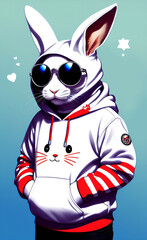 Fototapeta na wymiar A human with a bunny face wearing sunglasses, cute style with white and ping hoodie, Ai generative art
