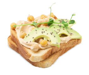 Delicious sandwiches with hummus, avocado and chickpeas on white background